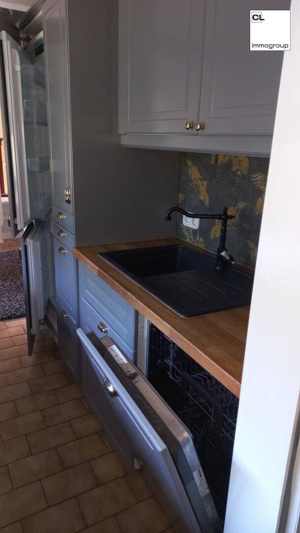 Funktionale Küche mit Spülmaschine und Holz-Arbeitsplatte, in modernem Grau gehalten und gut ausgestattet.