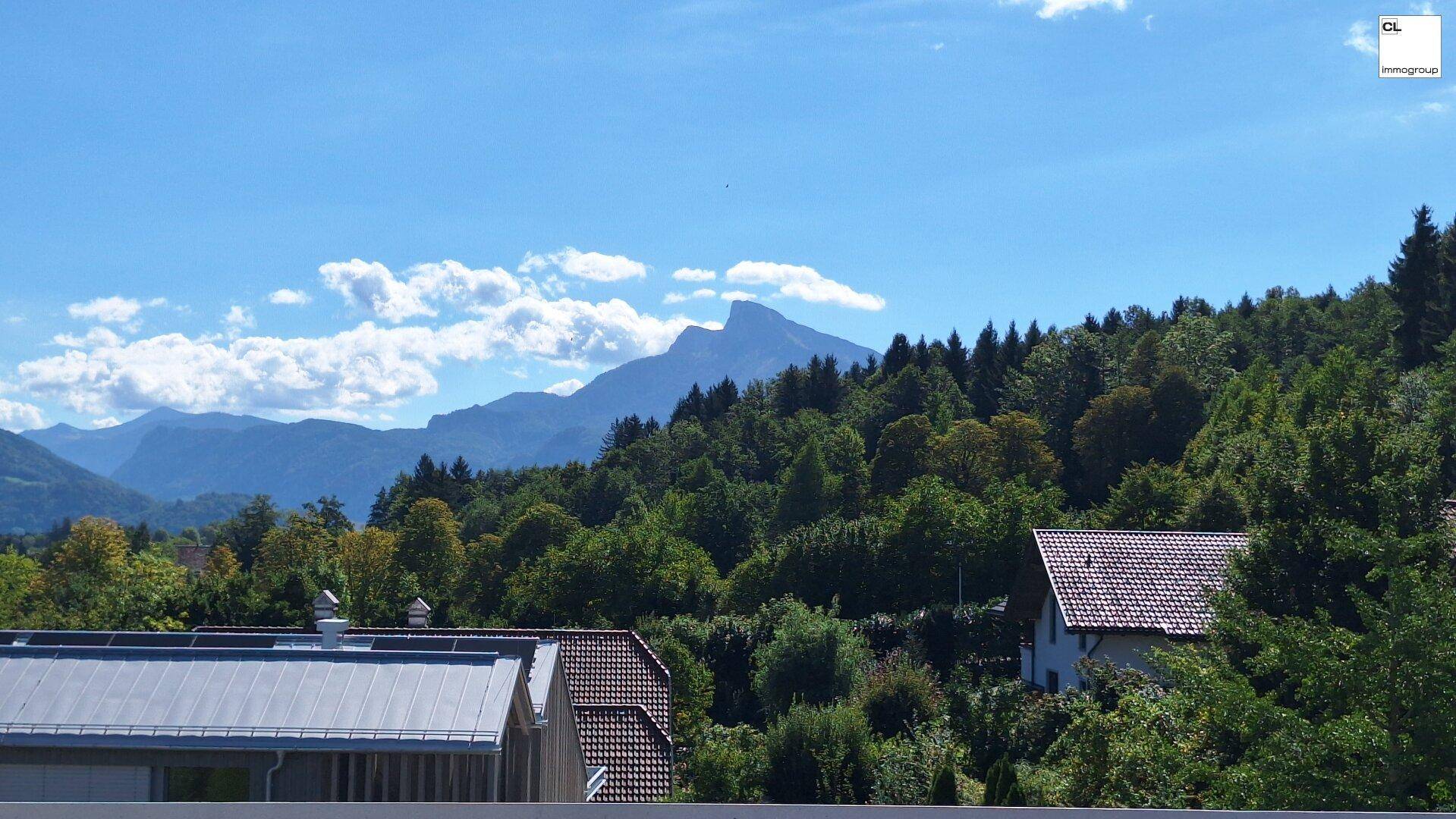 Bergblick mit bewaldeten Hängen und einem klaren blauen Himmel über den Dächern der Häuser.
