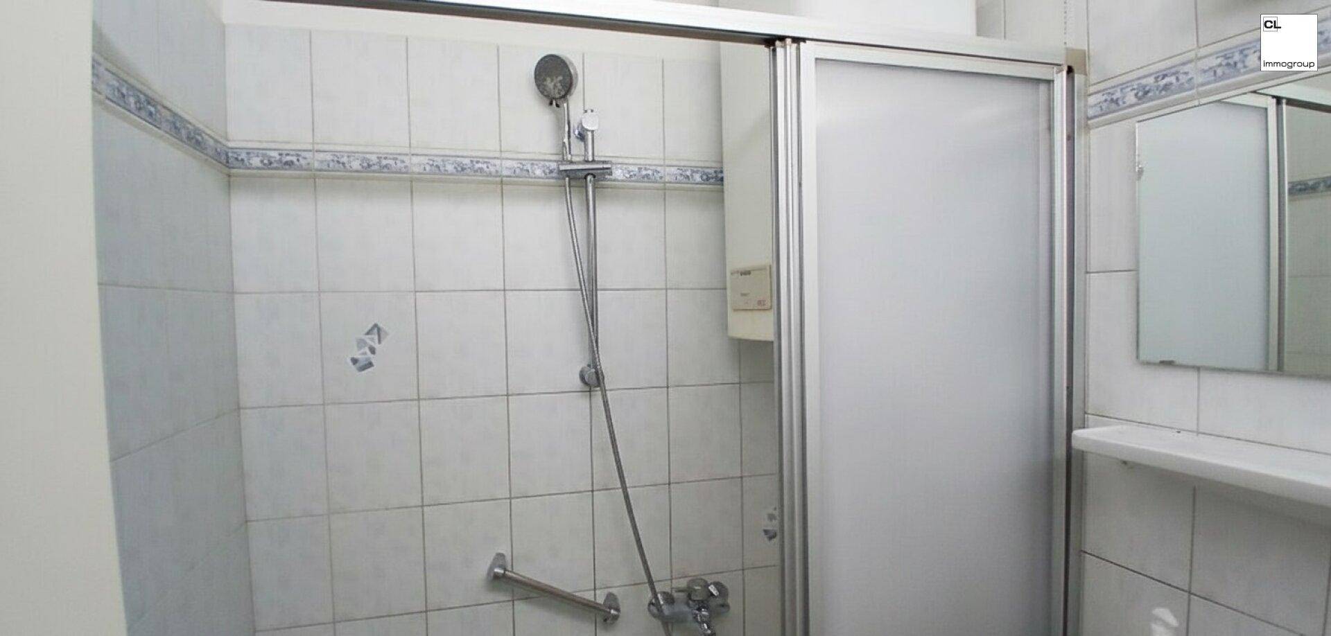Badezimmer mit Duschkabine, weiß gefliesten Wänden und einer Haltestange für zusätzliche Sicherheit.