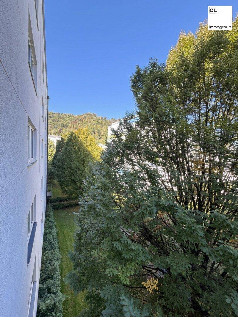 Blick von einem oberen Stockwerk auf grüne Bäume und sanfte Hügel in der Ferne.