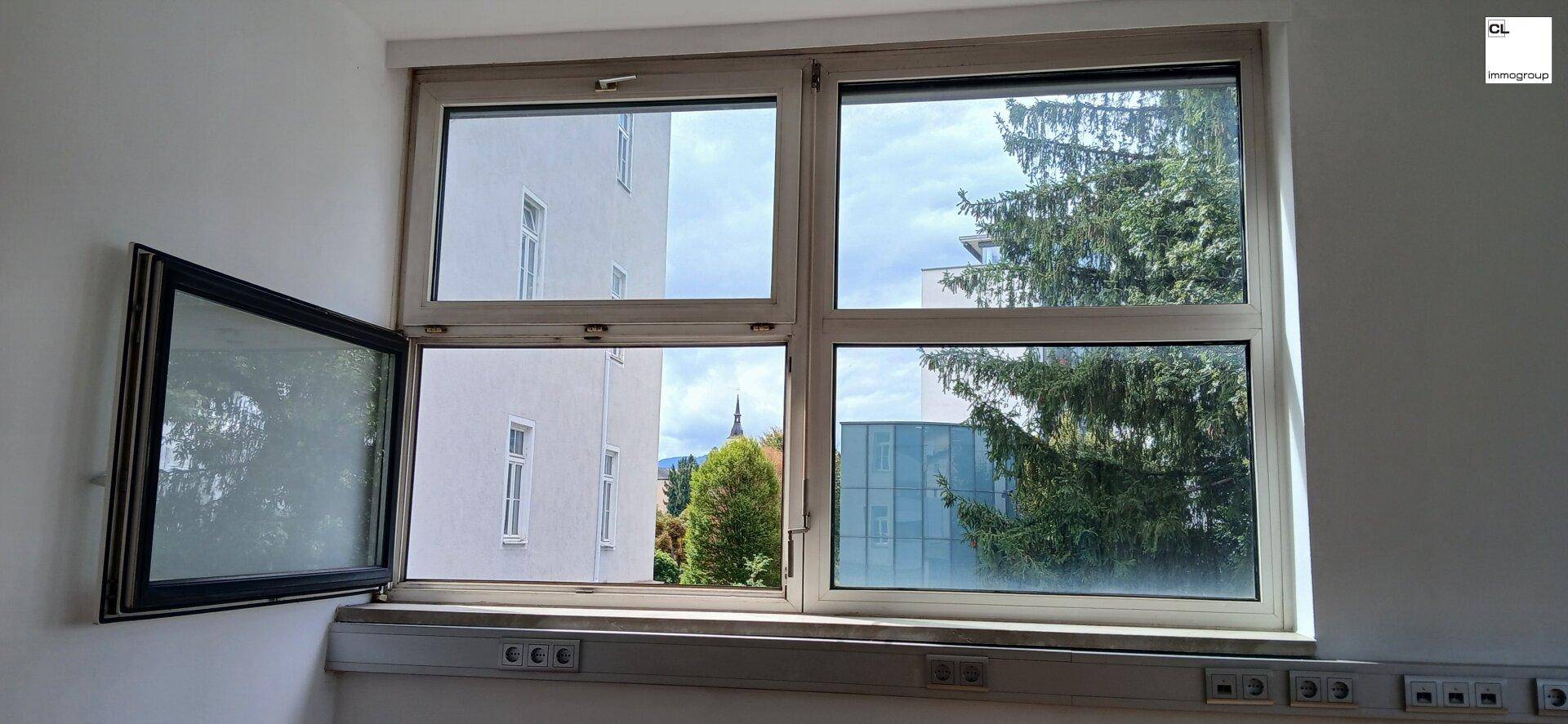 Nahaufnahme eines Fensters mit Blick auf eine Gebäudefassade und grüne Bäume im Außenbereich.
