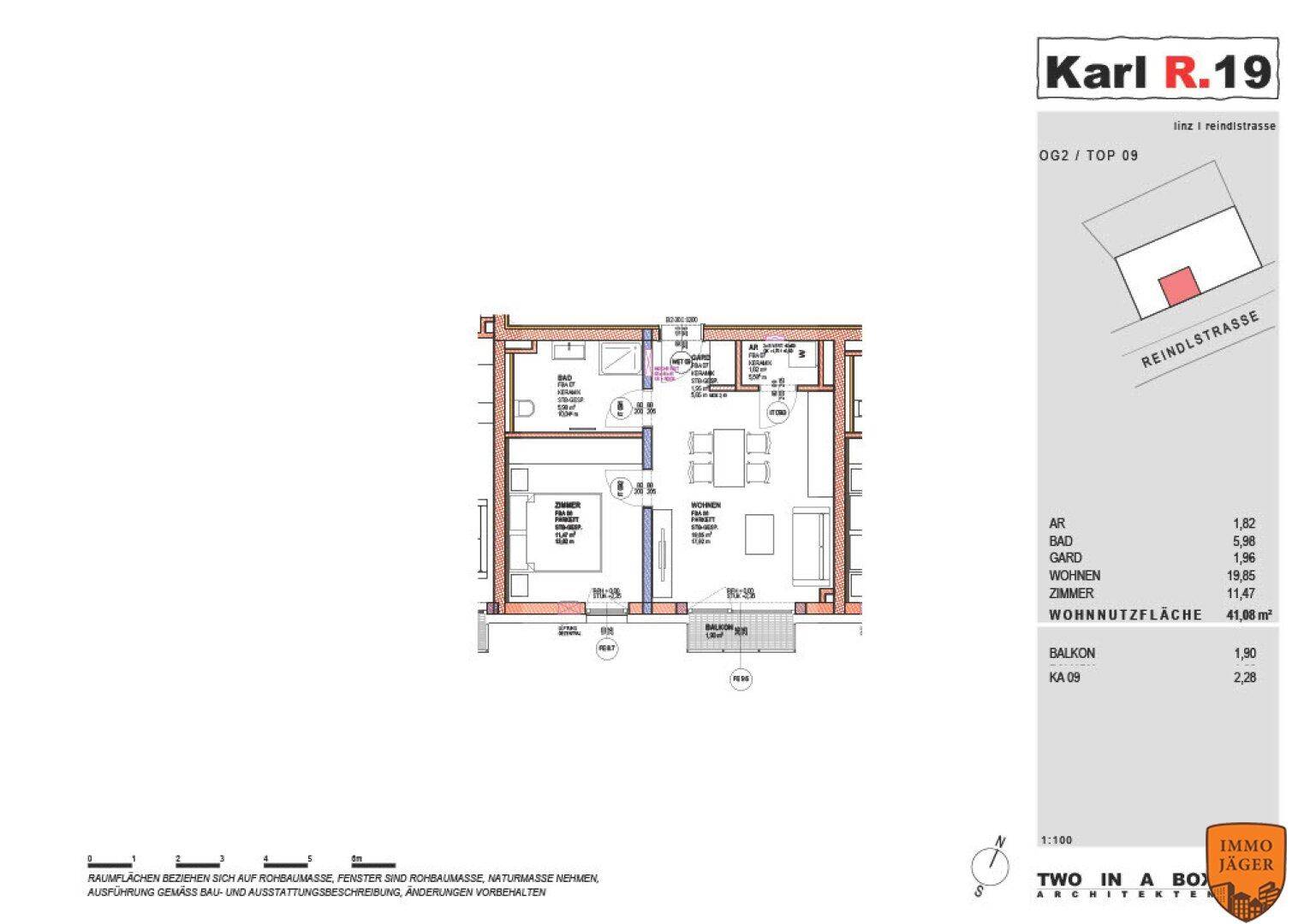 Grundriss einer Wohnung mit Schlafzimmer, Wohnbereich, Bad und Balkon, inklusive Flächenangaben.