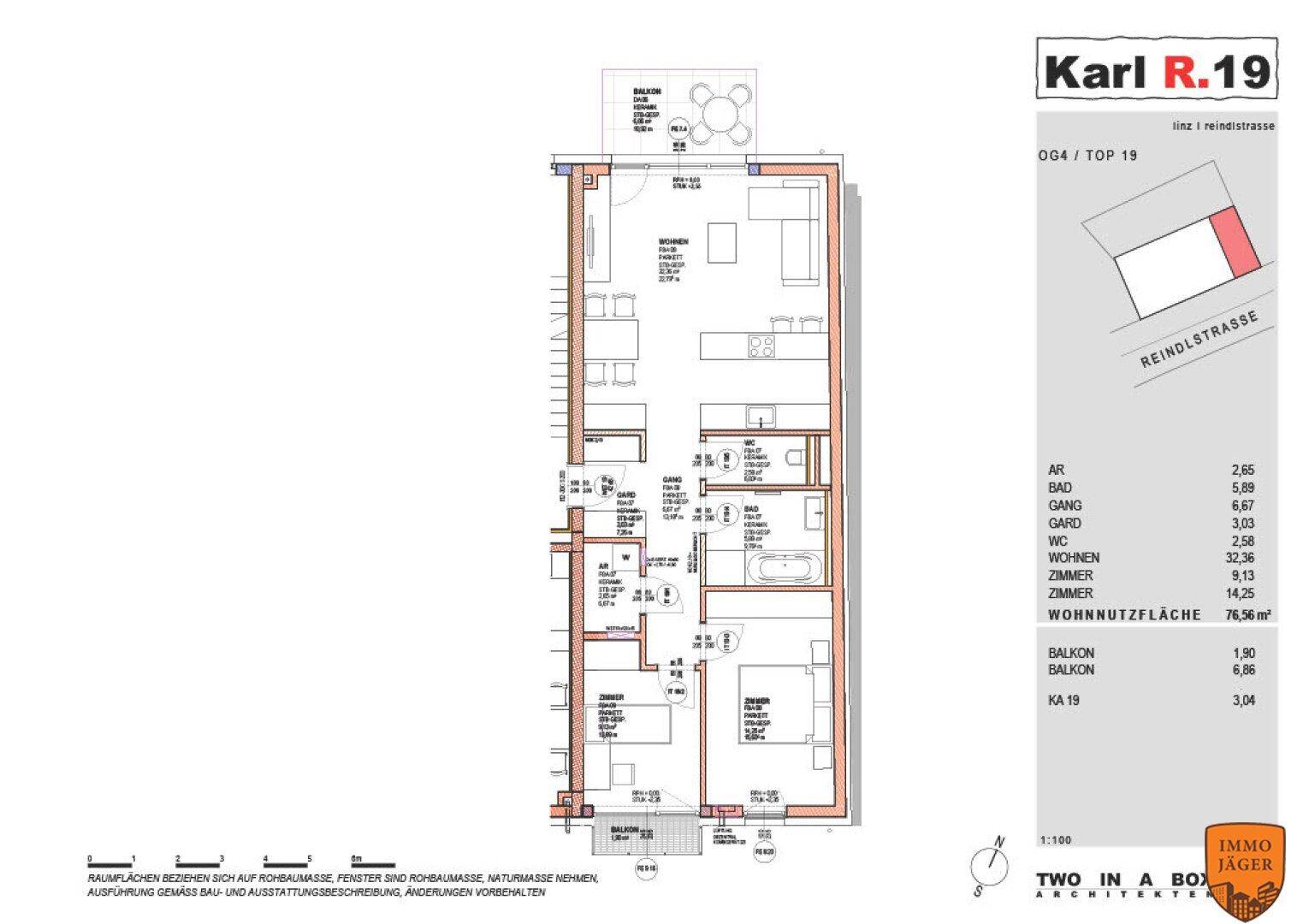 Grundriss einer Wohnung mit offenem Wohnbereich, Schlafzimmer und Bad.
