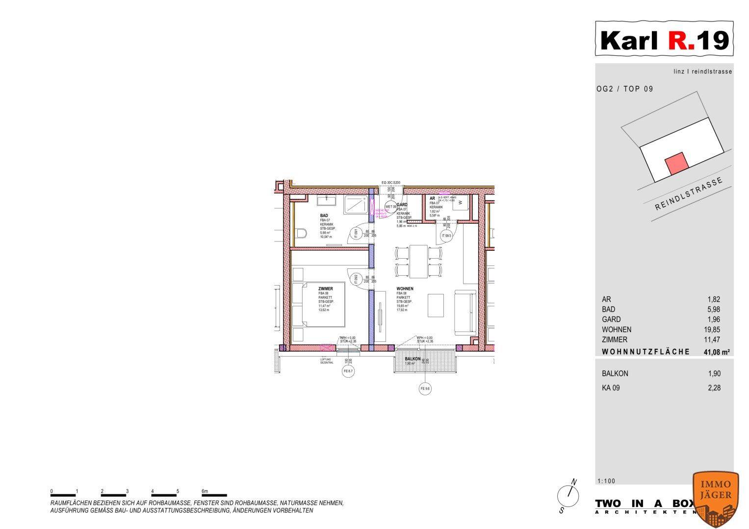 Grundriss der Wohneinheit Top 09 im zweiten Obergeschoss mit Balkon und offenem Wohnbereich.