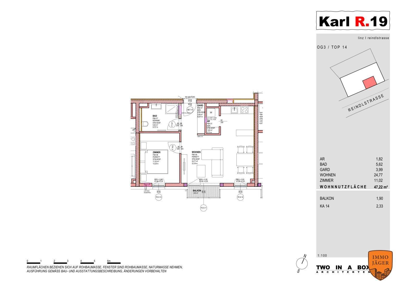 Grundriss der Wohneinheit Top 14 im dritten Obergeschoss mit Balkon und offenem Wohnbereich.