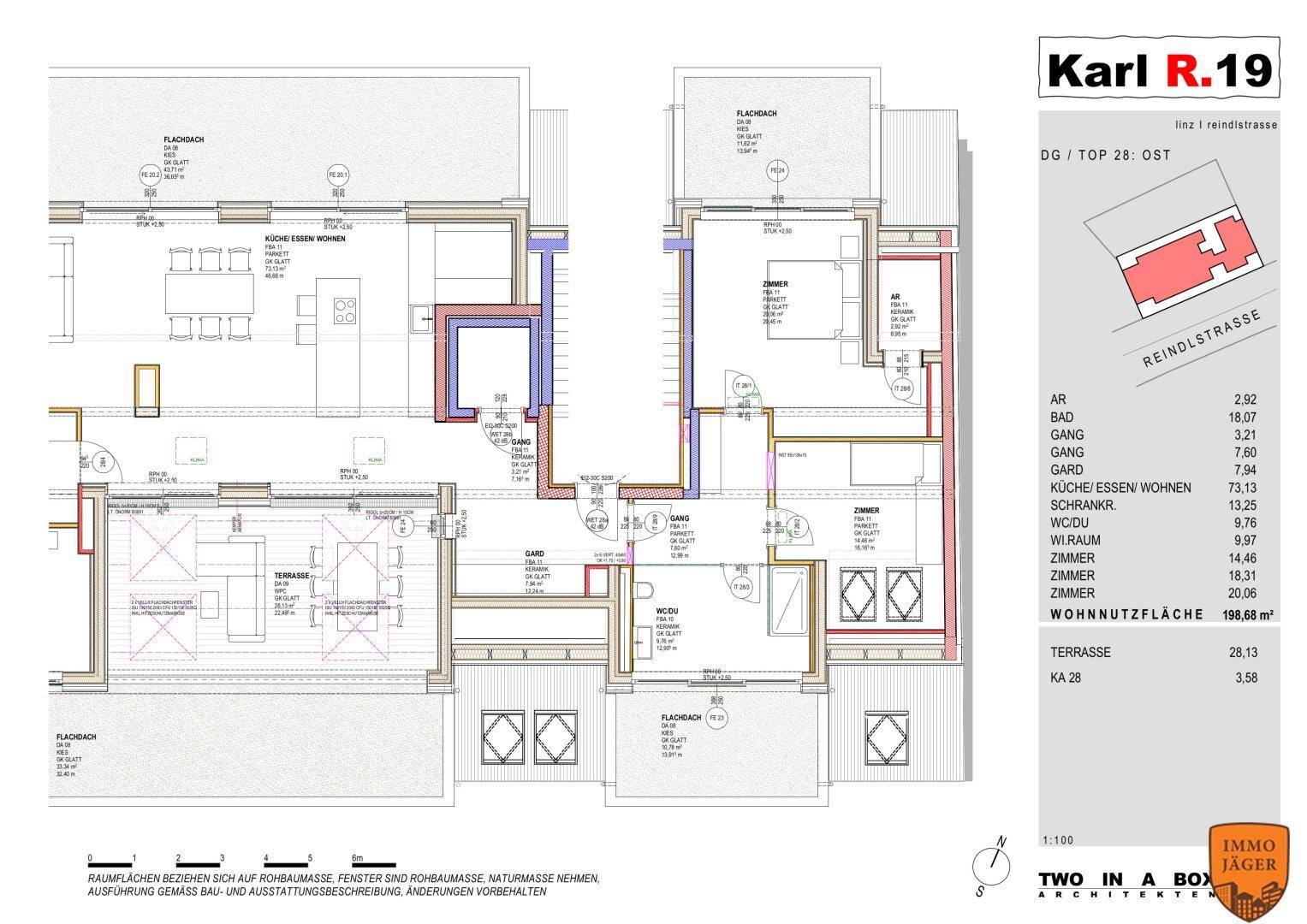Grundriss einer Wohnung mit offenem Wohnbereich, zwei Schlafzimmern, zwei Bädern und einer Terrasse.