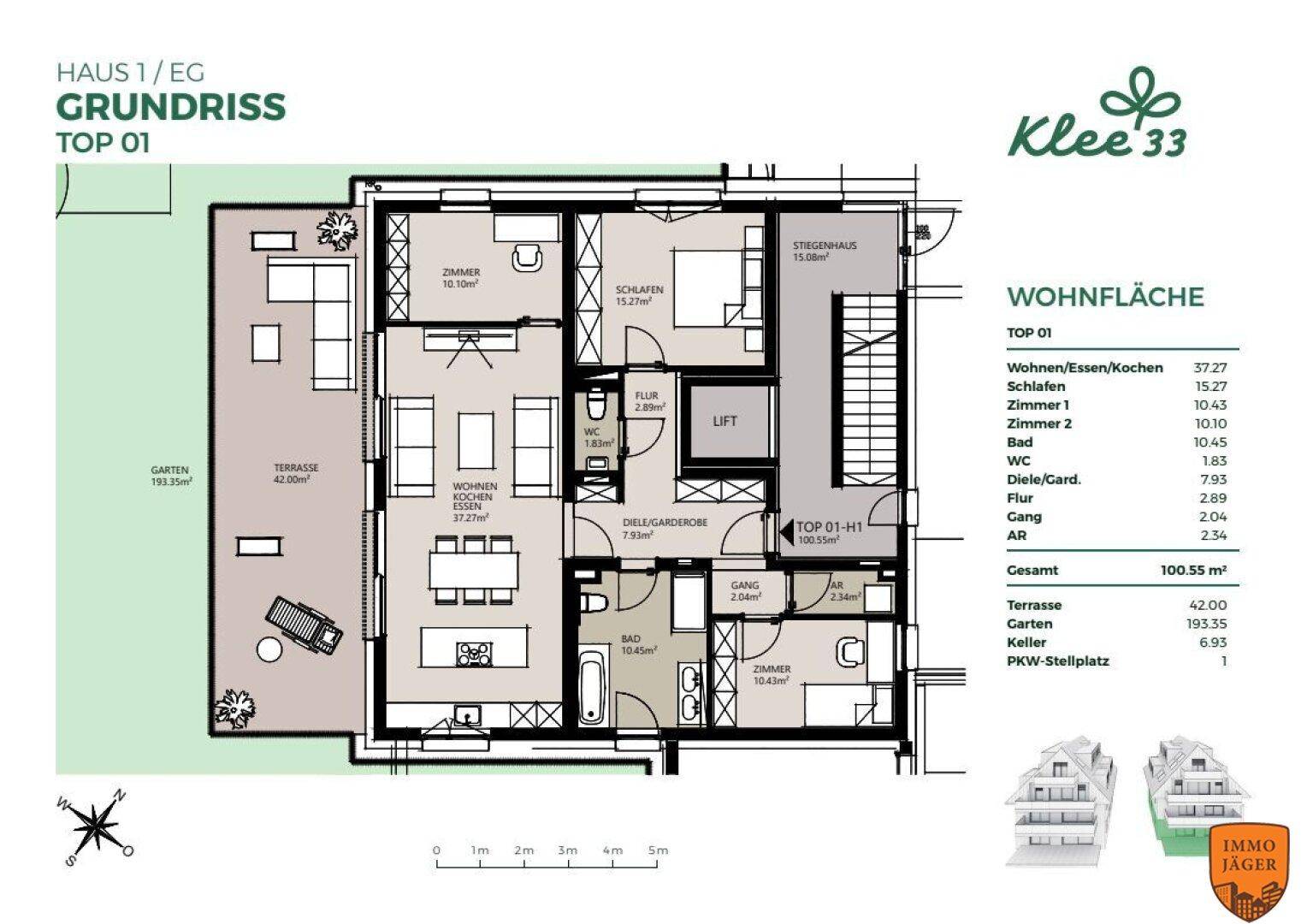 Grundrissplan für eine Wohnung mit Terrasse, Garten, offenem Wohnbereich und integriertem Lift.
