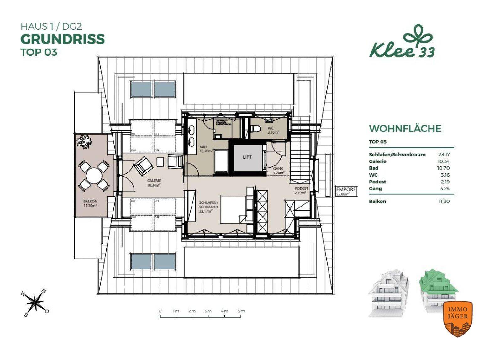 Grundriss des Dachgeschosses 2, Top 03, mit Schlafzimmer, Galerie, Bad, WC und Balkon.