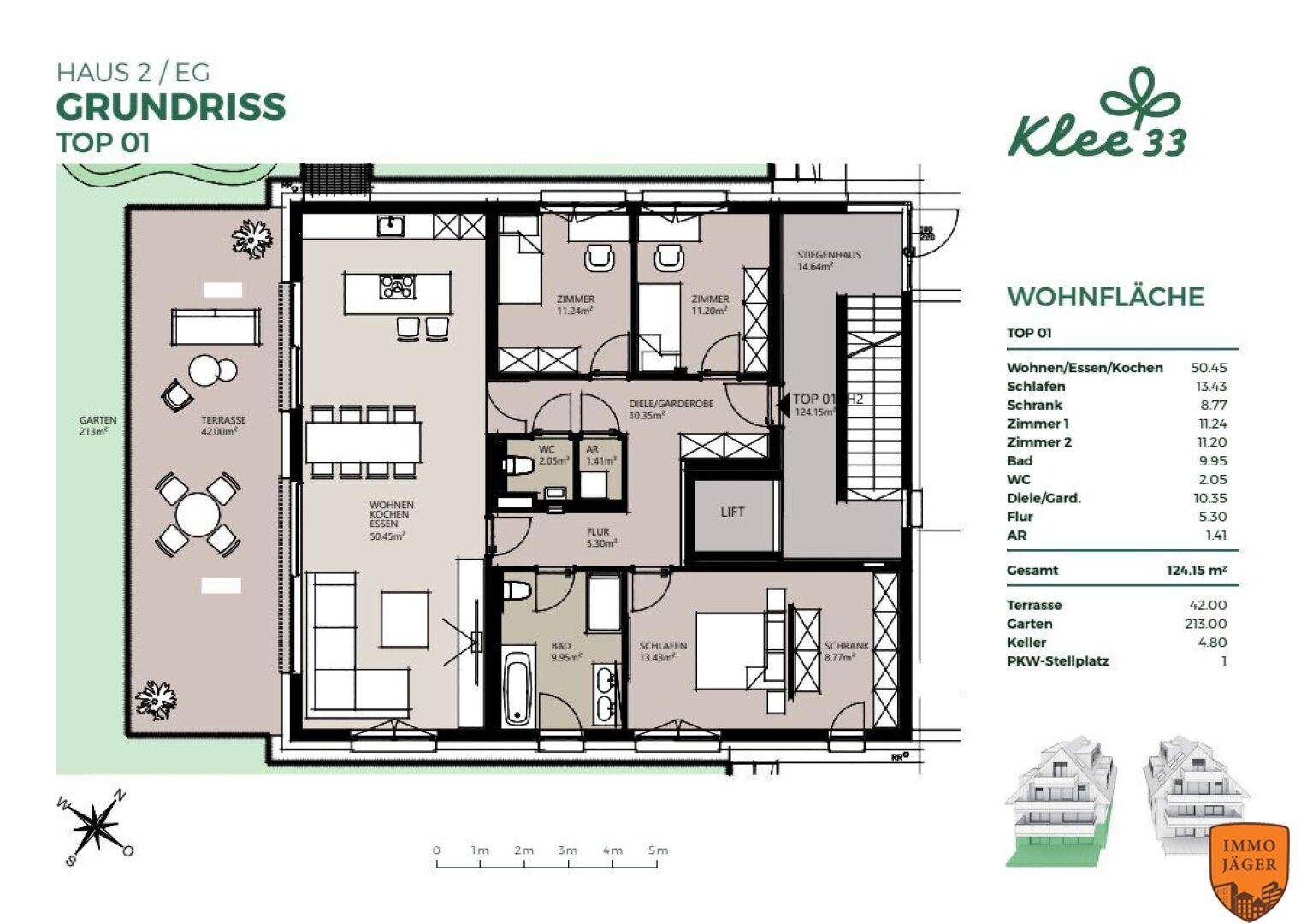 Detaillierter Grundriss einer Wohnung mit Garten, Terrasse und Aufzug.