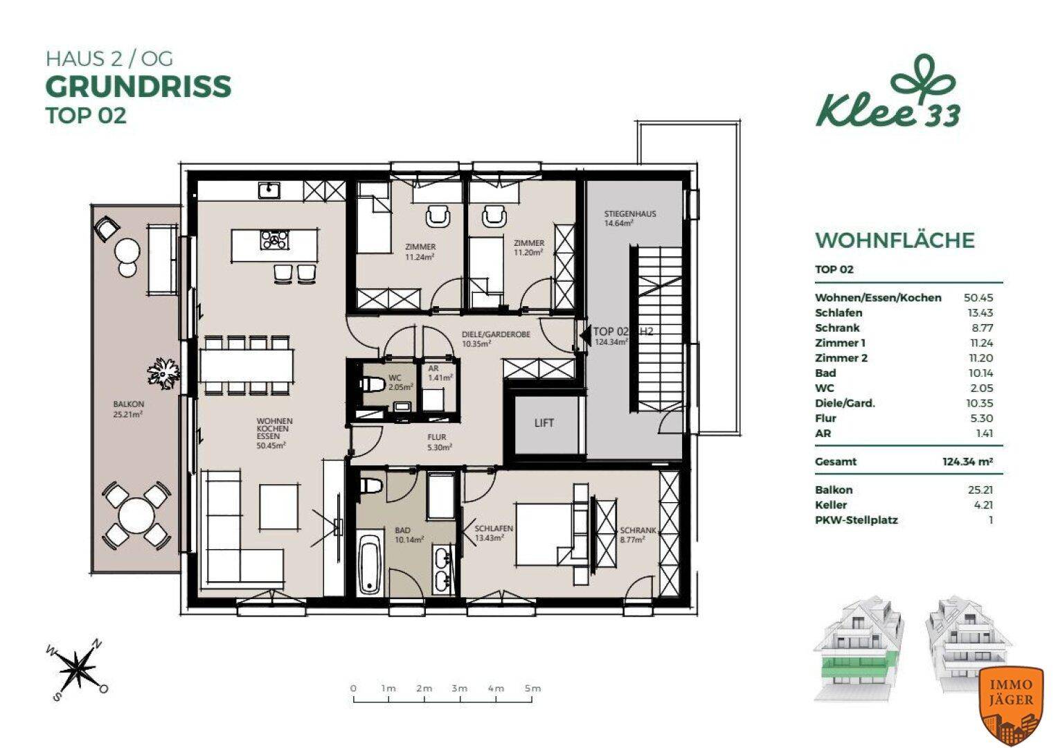 Detaillierter Grundriss einer Wohnung mit offenem Wohnbereich, drei Schlafzimmern und großem Balkon.