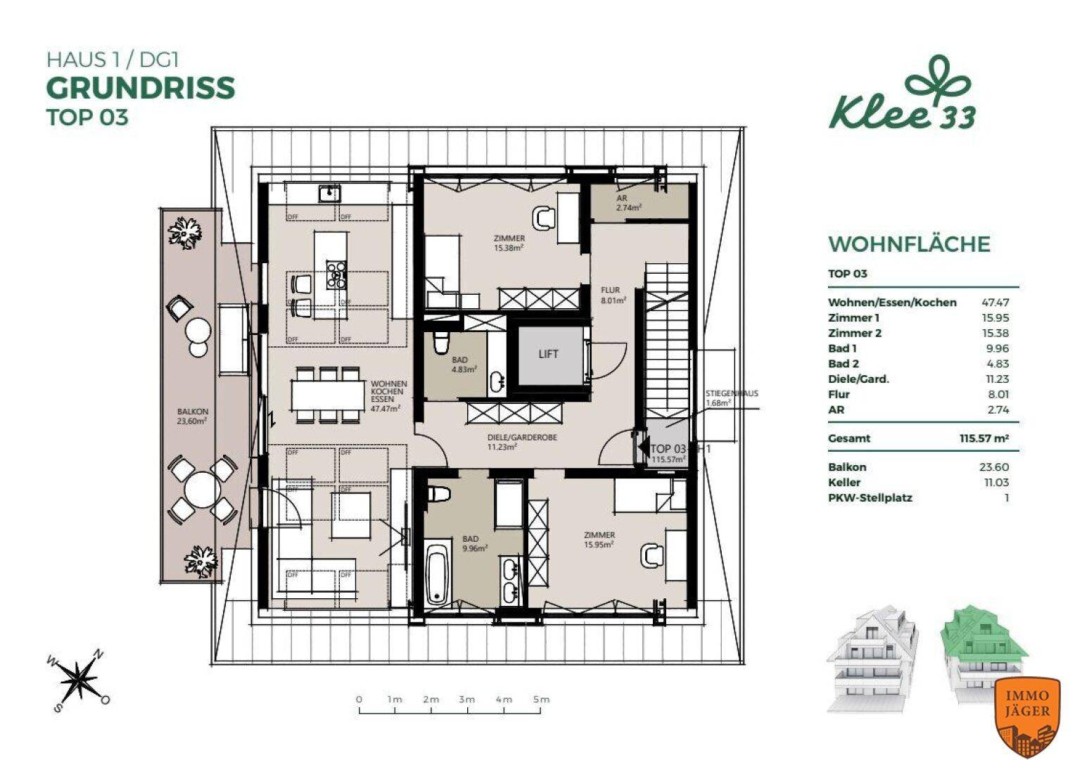 Grundriss der Wohnung TOP 03 mit offenem Wohn-/Essbereich, zwei Schlafzimmern und großem Balkon.