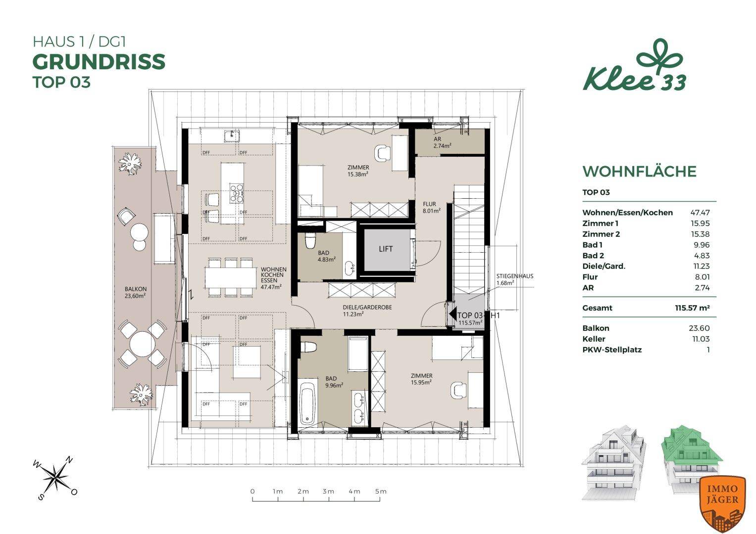 Grundriss von Haus 1, Dachgeschoss 1, Top 03, mit großem Balkon und zwei Bädern.