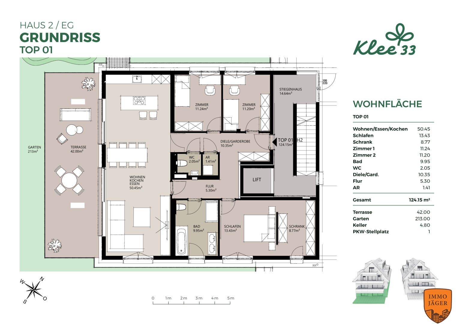 Grundriss von Haus 2, Erdgeschoss, Top 01, mit großem Garten, Terrasse und offenem Wohnbereich.