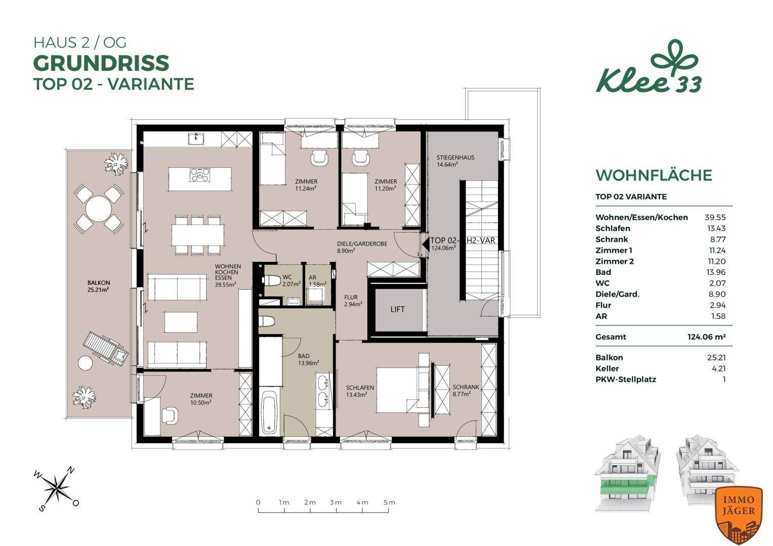 Varianten-Grundriss von Haus 2, Obergeschoss, Top 02, mit Balkon und offenem Wohnbereich.