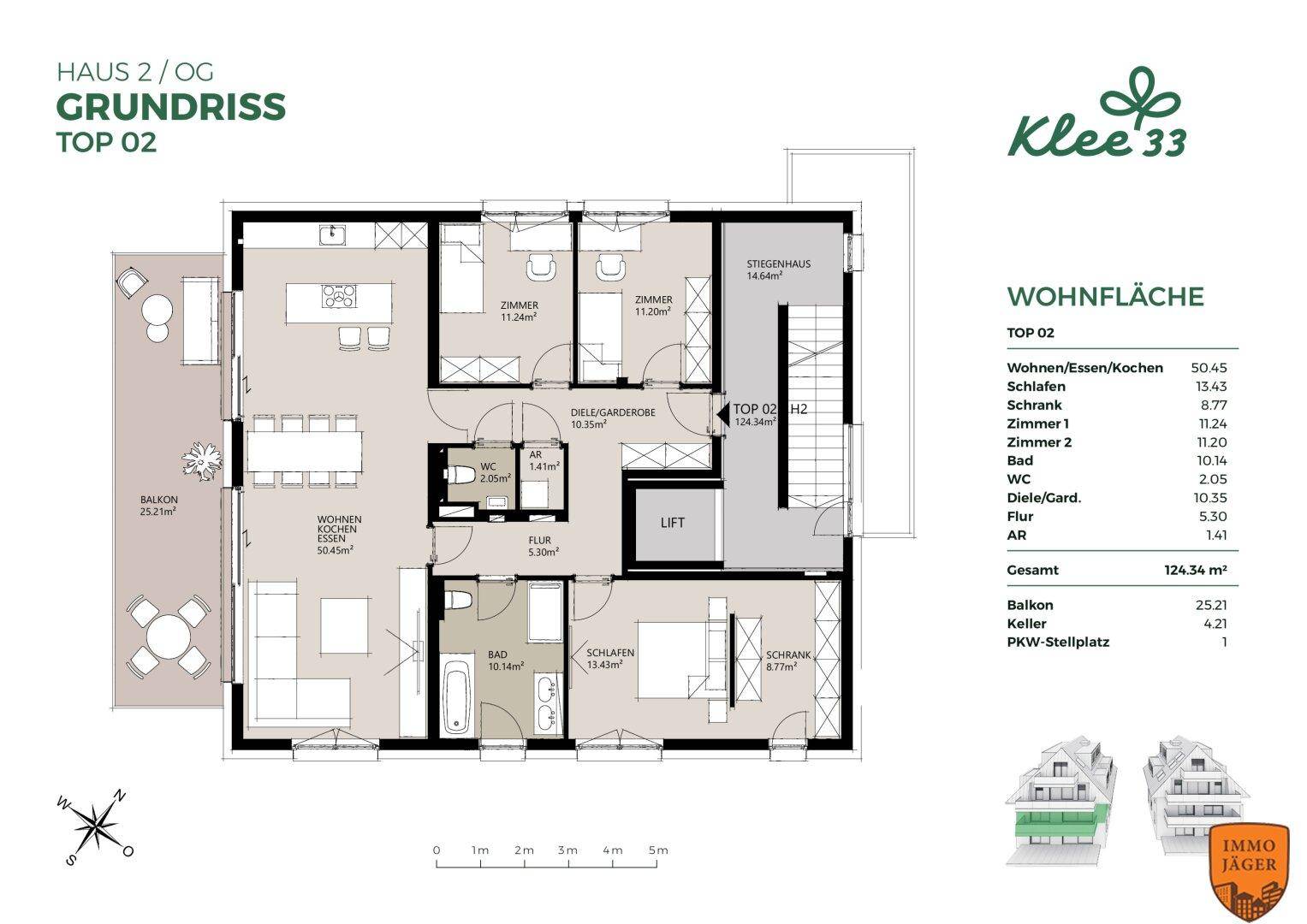 Grundriss von Haus 2, Obergeschoss, Top 02, mit Balkon und offenem Wohn-Essbereich.