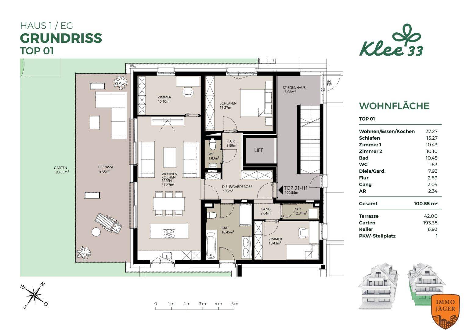 Grundriss von Haus 1, Erdgeschoss, Top 01, mit Garten, Terrasse und offenem Wohnbereich.