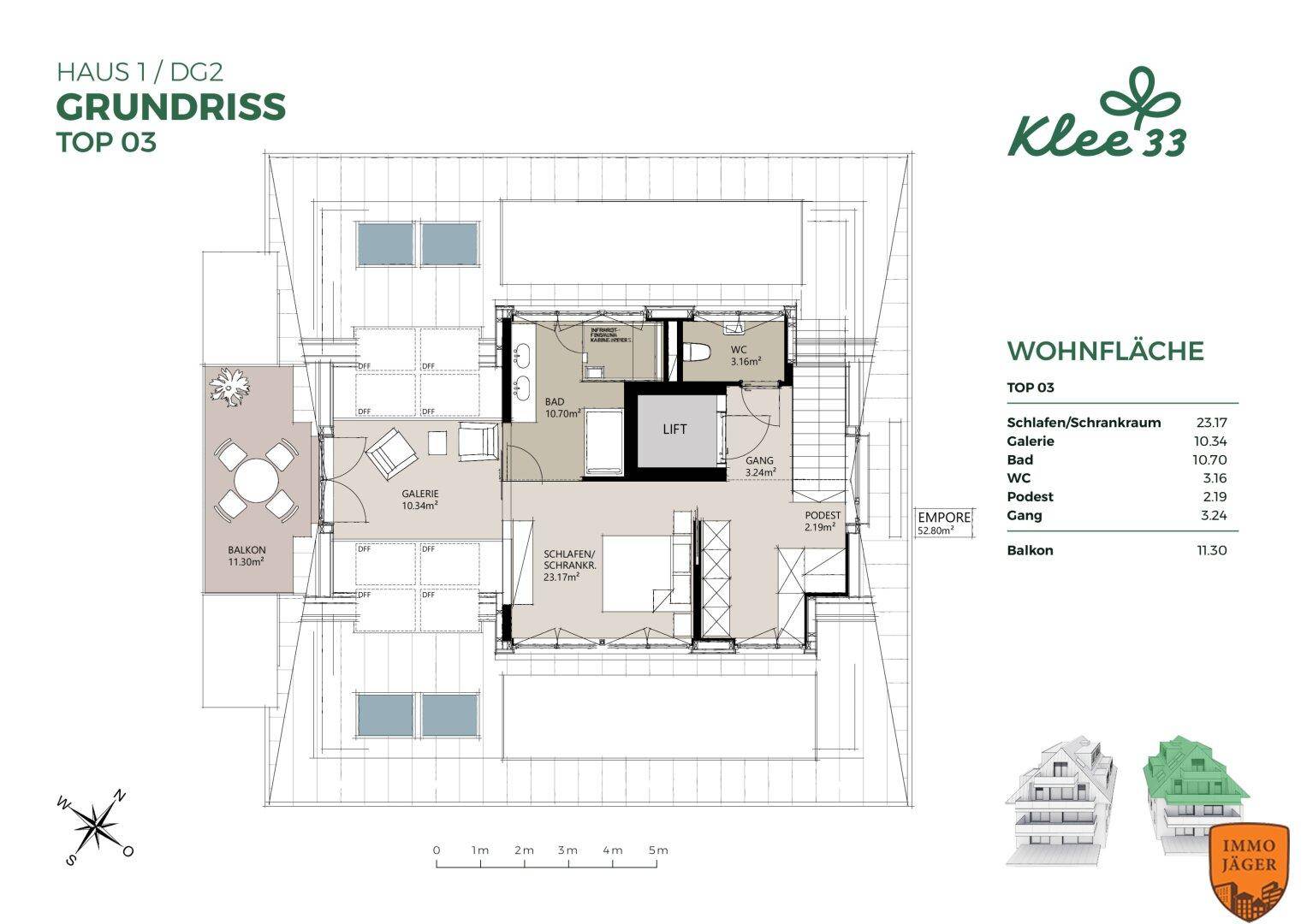 Grundriss von Haus 1, Dachgeschoss 2, Top 03, mit Galerie, Schlafzimmer und Balkon.