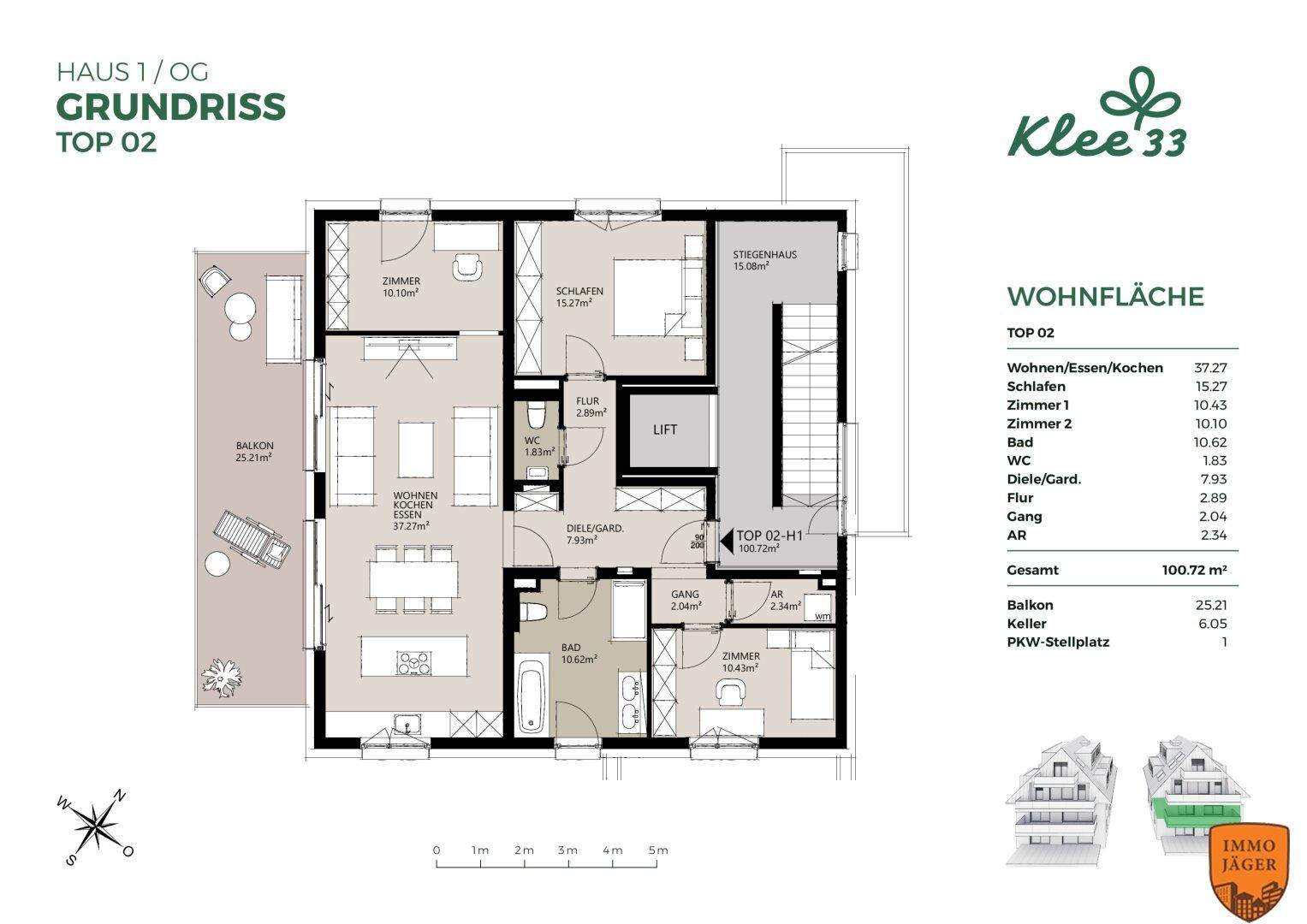 Grundriss von Haus 1, Obergeschoss, Top 02, mit Balkon und offenem Wohn-Essbereich.