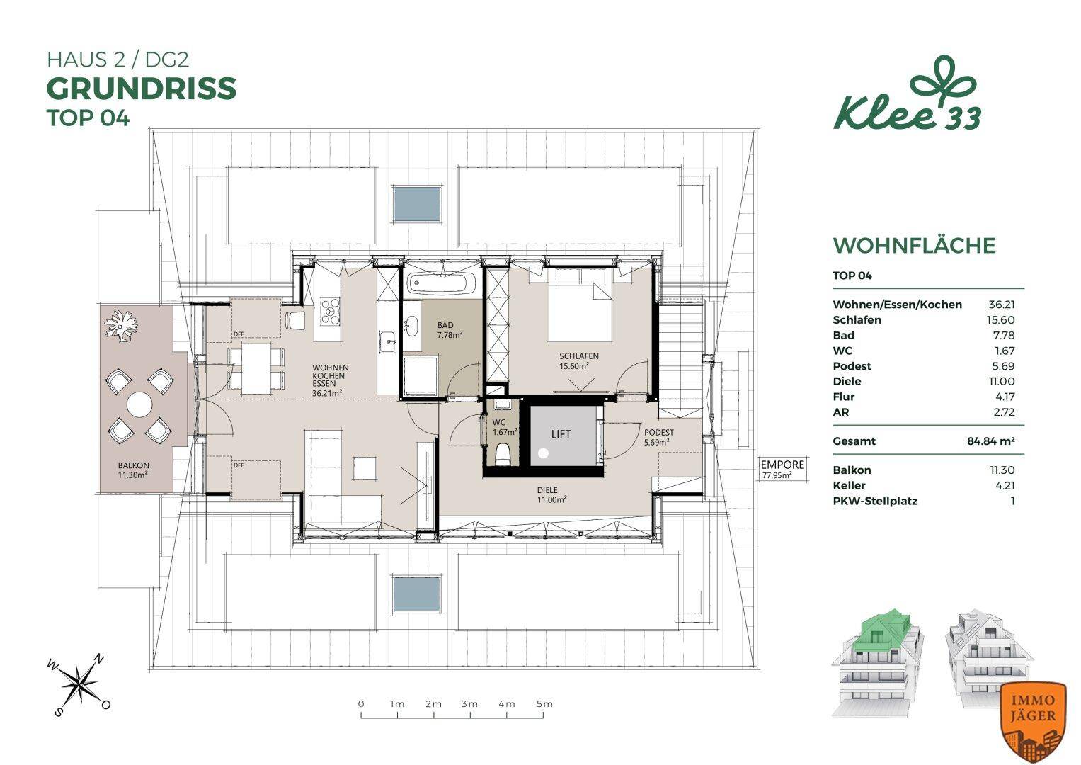 Grundriss von Haus 2, Dachgeschoss 2, Top 04, mit Schlafzimmer, Bad und Balkon.