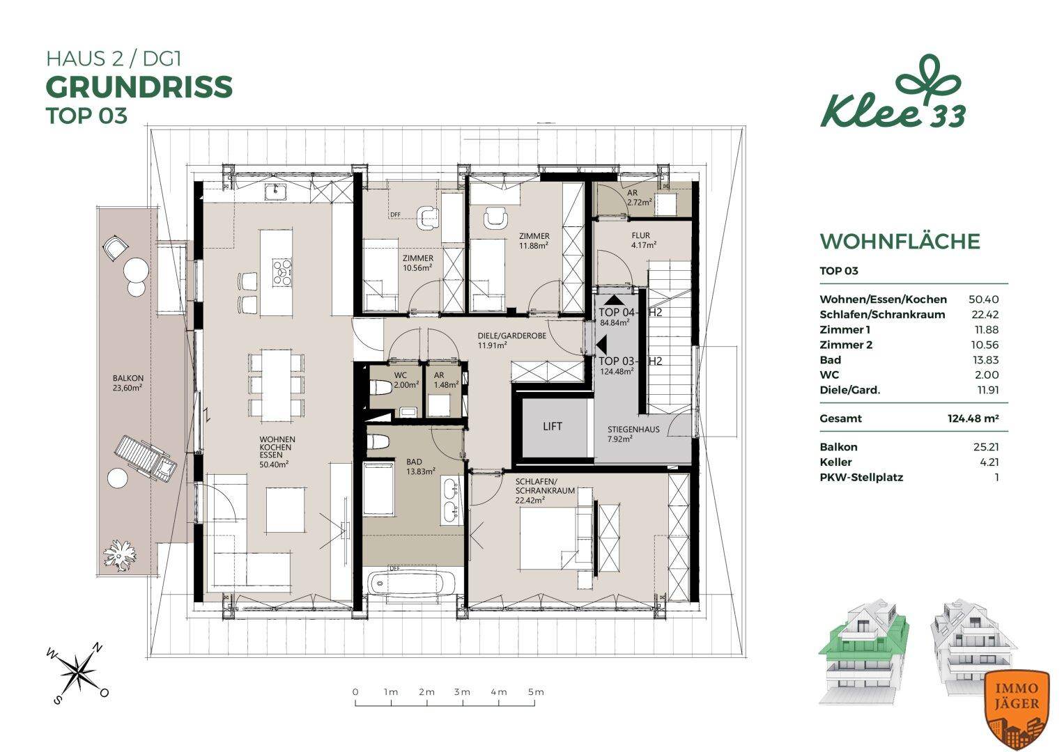 Grundriss von Haus 2, Dachgeschoss 1, Top 03, mit großem Balkon und zwei Bädern.