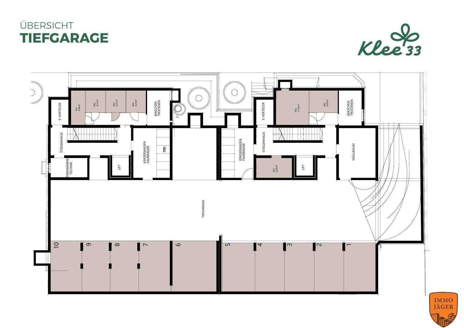 Übersichts-Grundriss der Tiefgarage mit Stellplätzen und Abstellräumen.