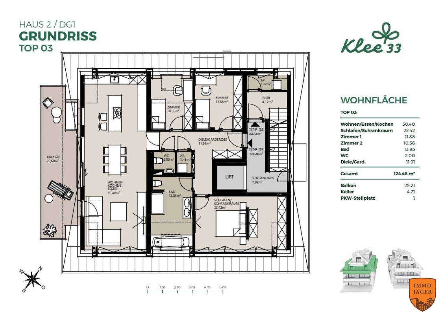 Detaillierter Grundriss einer Dachgeschosswohnung mit offenem Wohnbereich und großem Balkon.