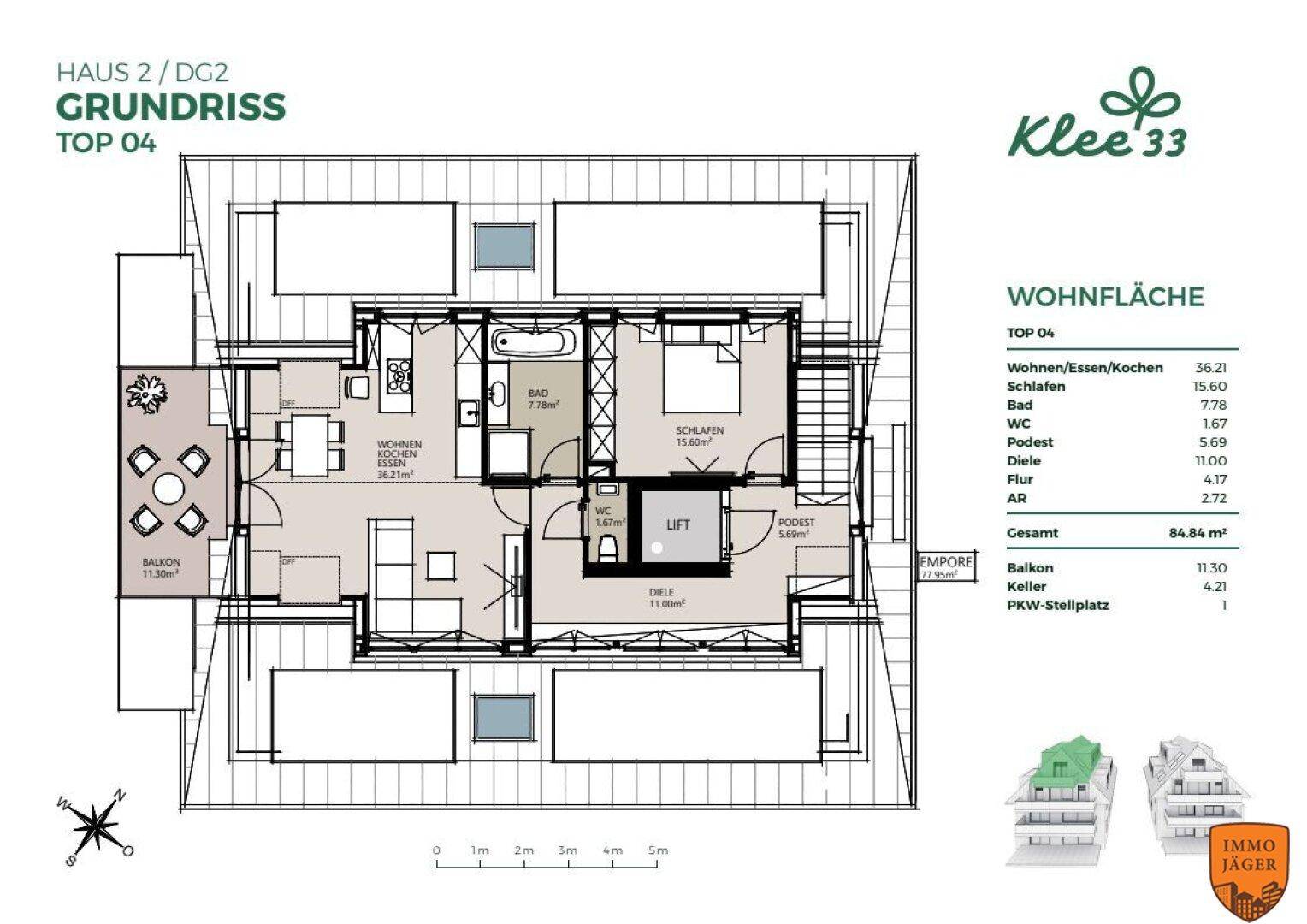 Grundriss der Dachgeschosswohnung Top 04 mit offenem Wohnbereich, Schlafzimmer und Balkon.