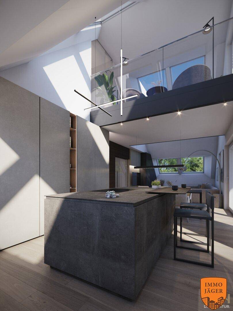 Moderne offene Küche mit Kochinsel, hohen Decken und Blick auf die obere Galerie.