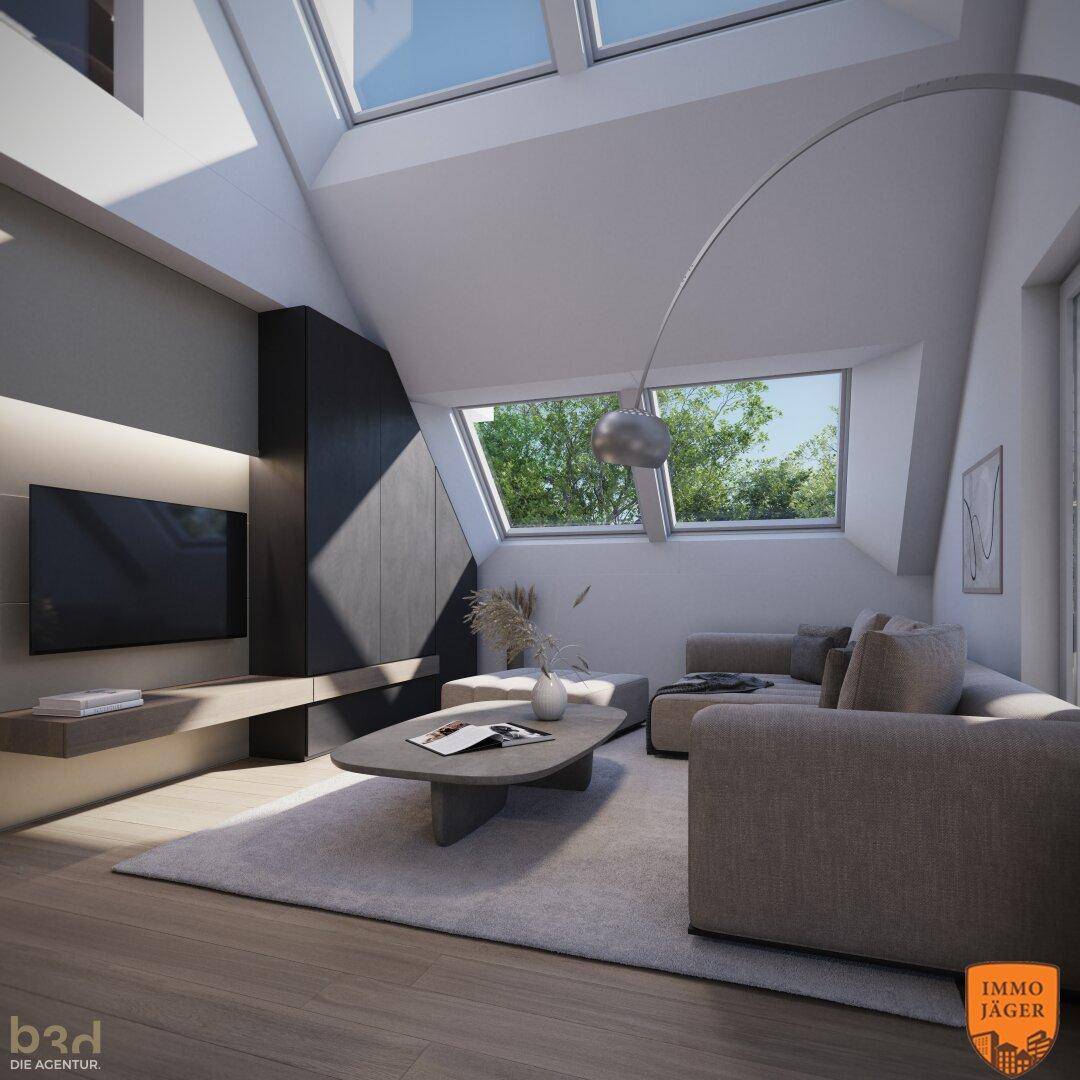 Helles Wohnzimmer mit modernem Sofa, Fernseher und großen Dachfenstern für viel Licht.