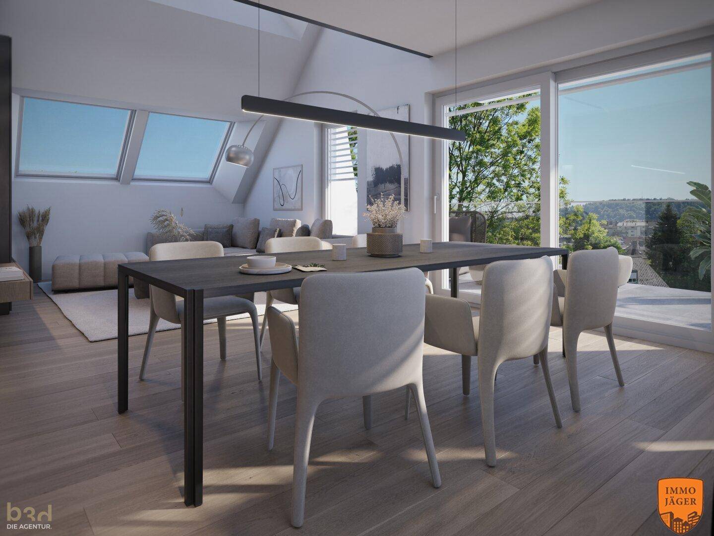 Heller Essbereich mit großem Tisch, modernen Stühlen und Zugang zu einem Balkon mit Aussicht.