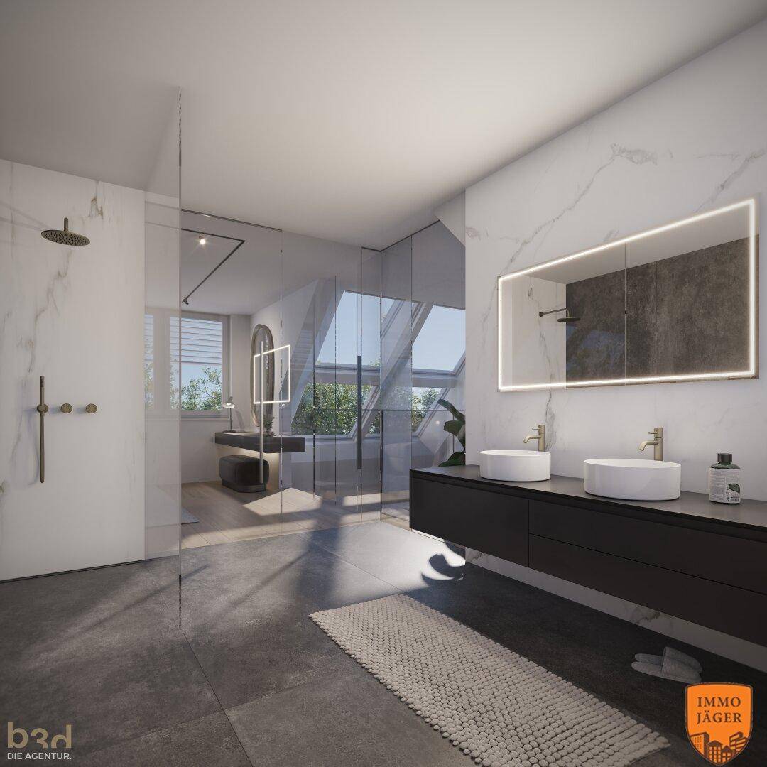 Luxuriöses Badezimmer mit Doppelwaschbecken, großer begehbarer Dusche und modernen Fliesen.