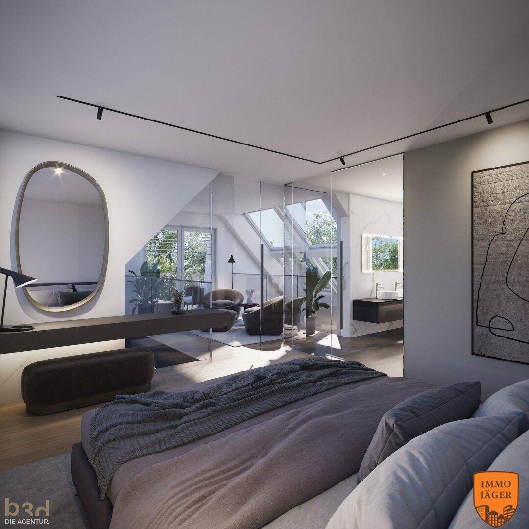 Modernes Schlafzimmer mit offener Gestaltung, viel Tageslicht und Blick auf einen gemütlichen Sitzbereich.
