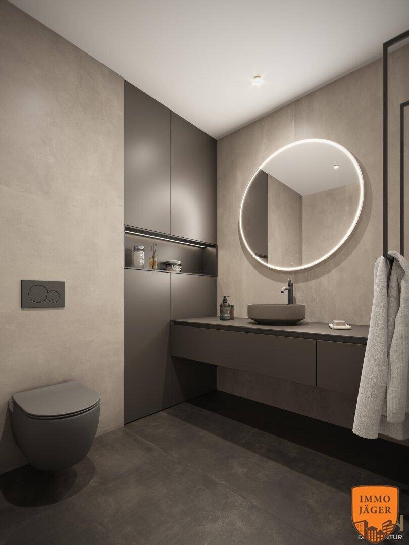 Modernes Gäste-WC mit Wand-WC, elegantem Waschbecken und beleuchtetem Spiegel.