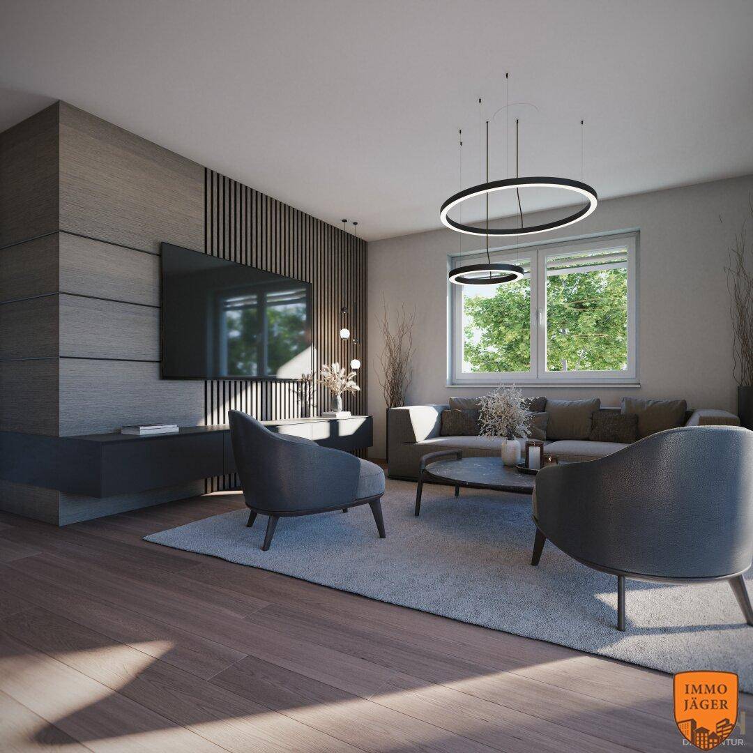 Gemütliches, modernes Wohnzimmer mit Holzboden, großem Fenster und stilvoller Einrichtung.