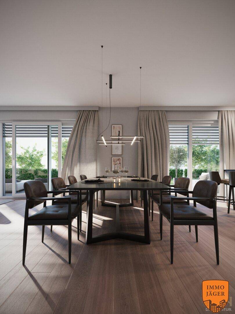 Eleganter Essbereich mit großem Tisch, Holzboden und Zugang zu einer Außenterrasse.