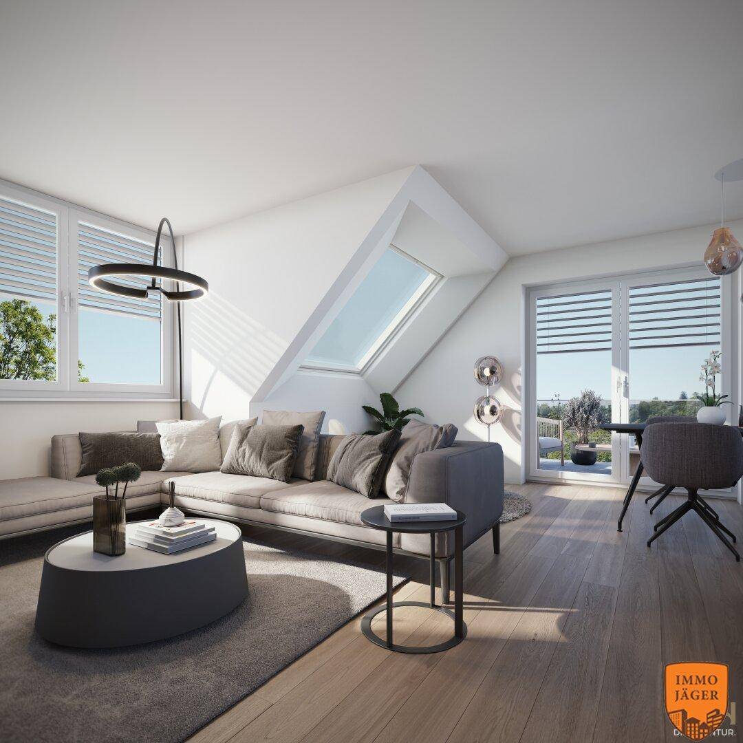 Gemütliches Wohnzimmer mit Schrägdach, großen Fenstern, Dachfenster und Zugang zu einem Außenbereich.