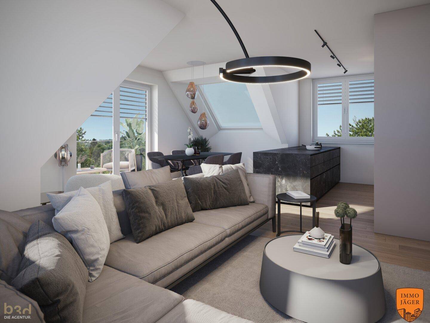 Heller Wohn-Essbereich mit offener Küche, Zugang zum Balkon und großen Fenstern für viel Licht.