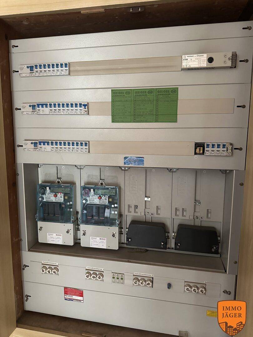 Elektrischer Sicherungskasten mit mehreren Zählern und Schaltern für die Stromversorgung.