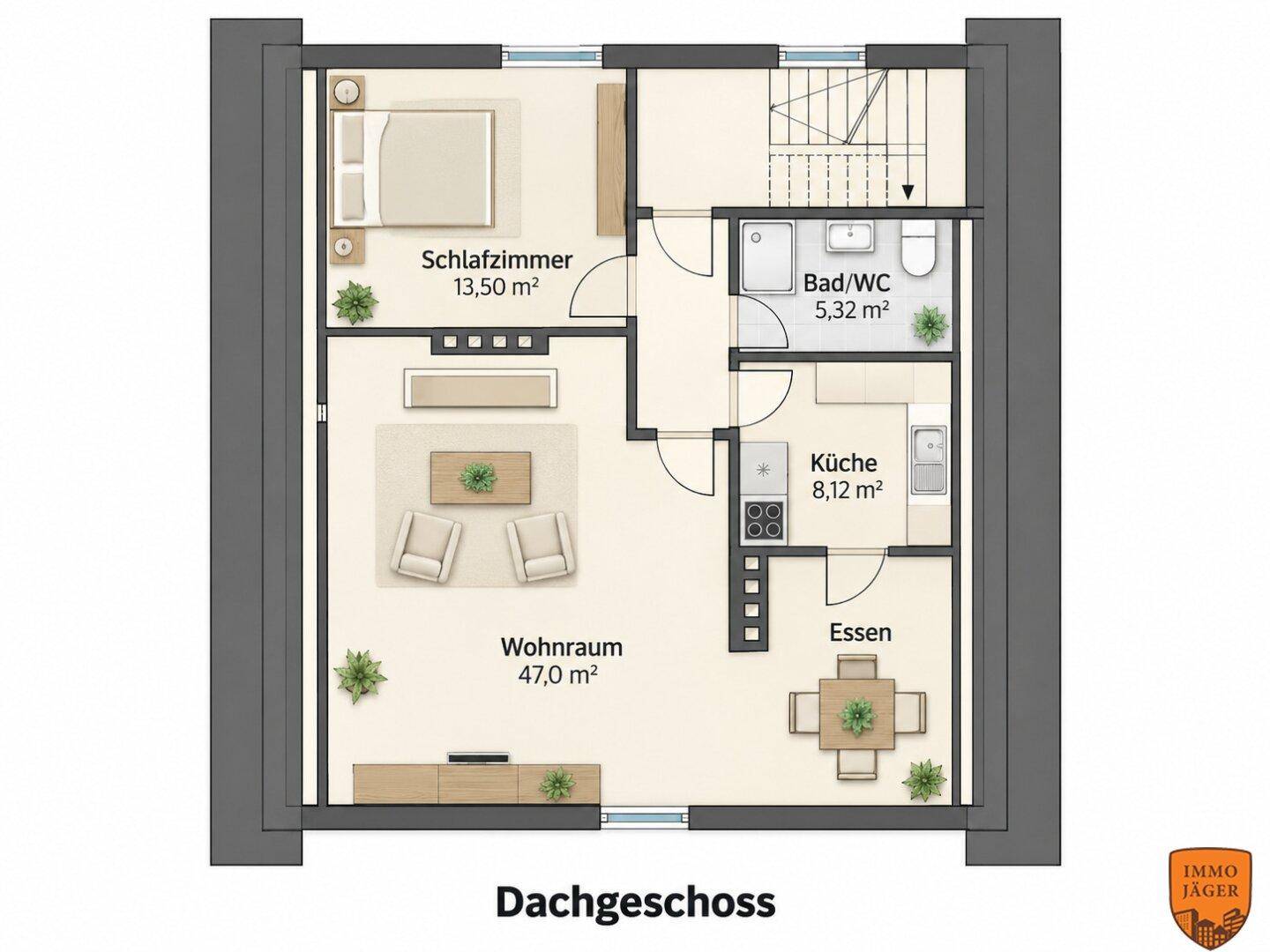 Grundriss des Dachgeschosses mit Schlafzimmer, Wohnraum, Küche und Bad/WC.