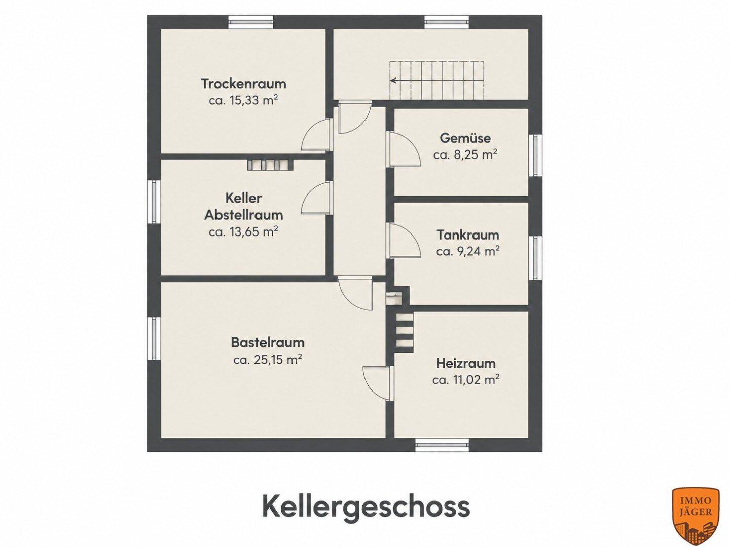 Grundriss des Kellergeschosses mit Trockenraum, Abstellräumen, Bastelraum und Heizraum.
