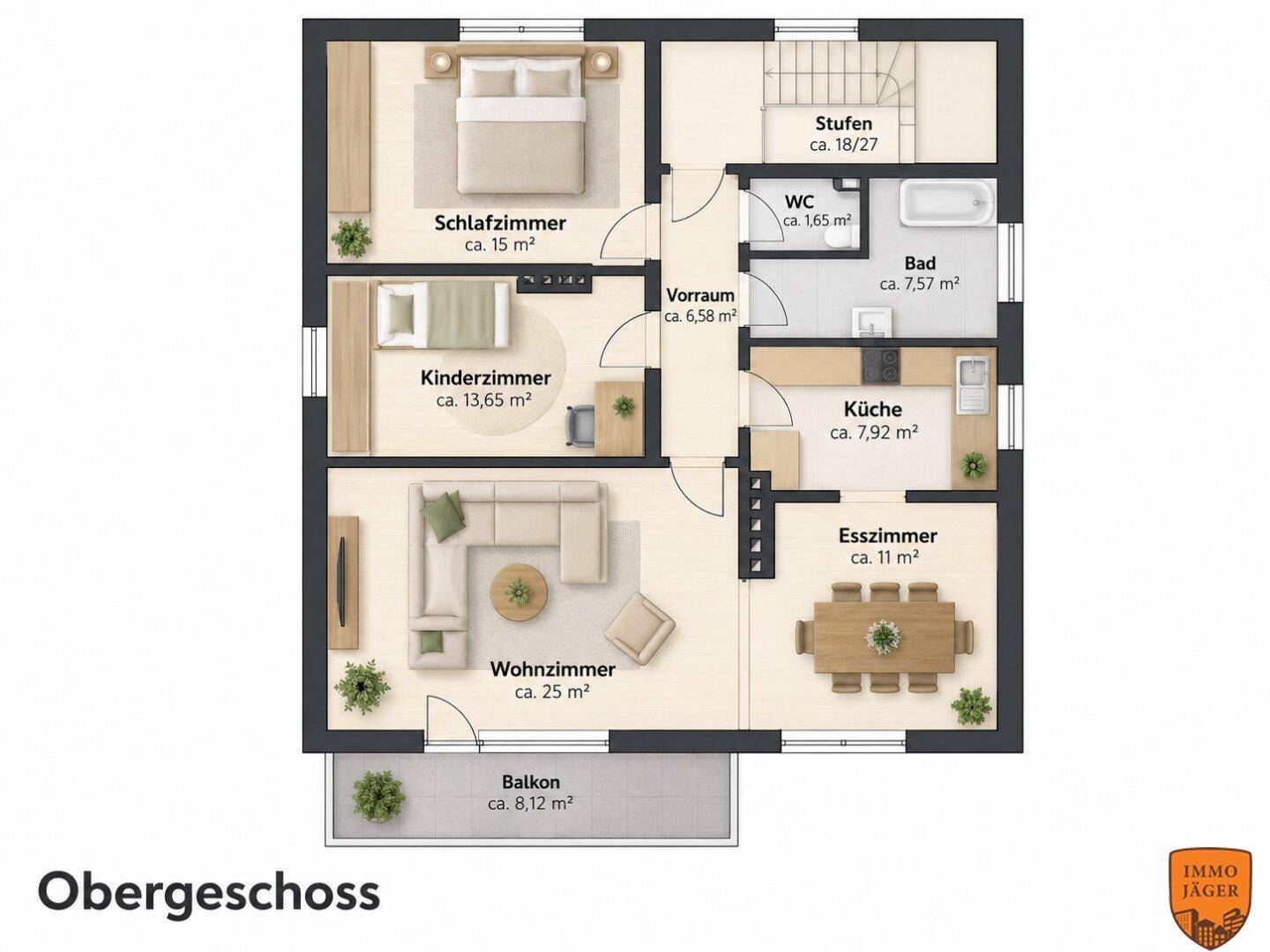 Grundriss des Obergeschosses mit Schlafzimmer, Kinderzimmer, Wohnzimmer, Esszimmer und Balkon.