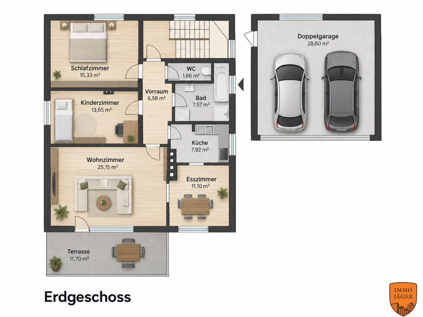 Grundriss des Erdgeschosses mit Wohnzimmer, Esszimmer, Küche, Bad und Doppelgarage.