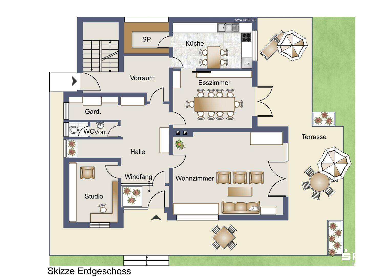 Grundriss des Erdgeschosses mit offener Küche, Esszimmer, Wohnzimmer und großer Terrasse.