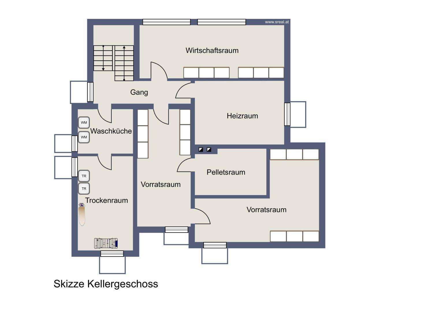 Grundriss des Kellergeschosses mit Waschküche, Heizraum, Pelletslager und mehreren Vorratsräumen.