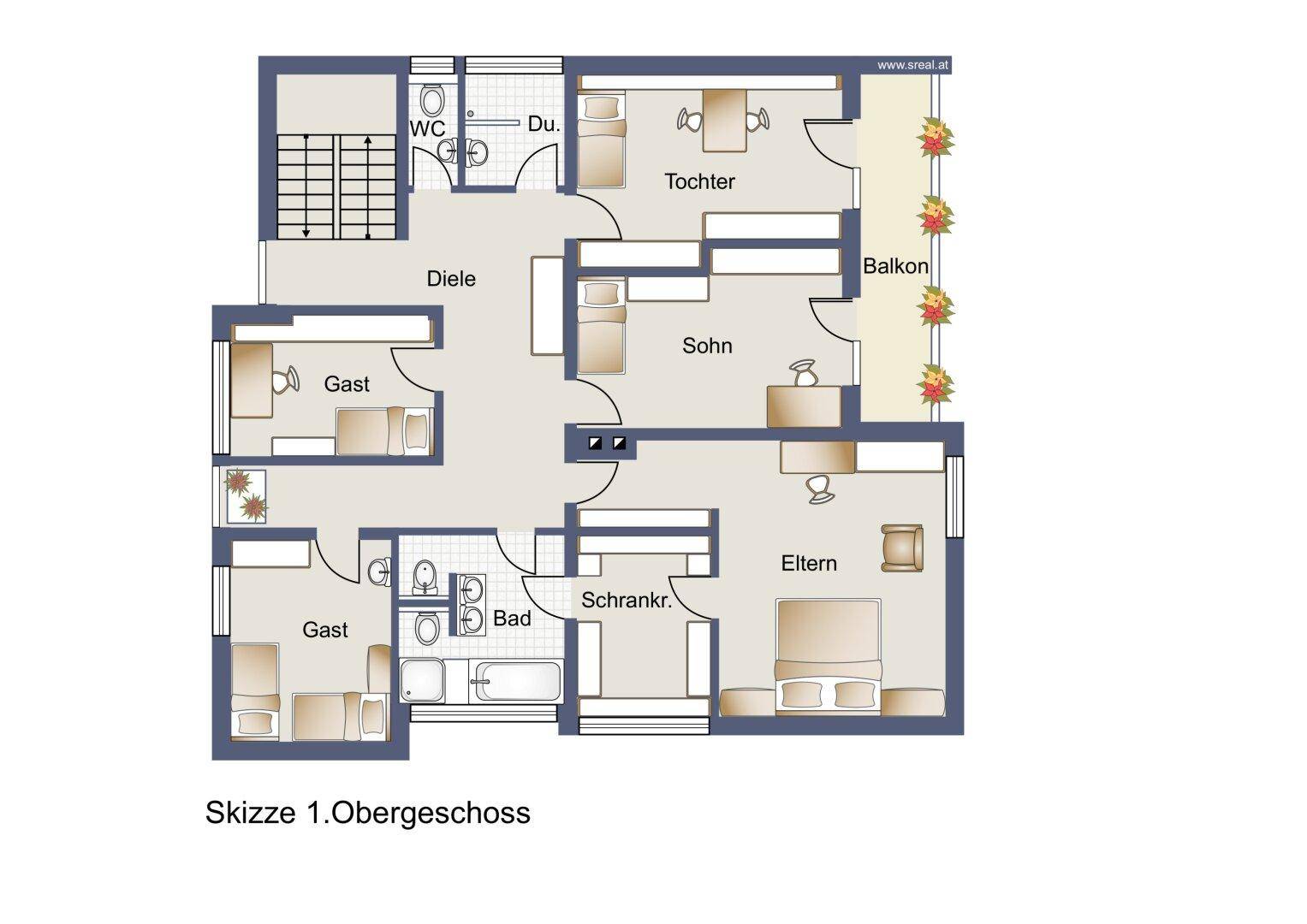 Grundriss des ersten Obergeschosses mit Schlafzimmern, zwei Bädern und einem Balkon.