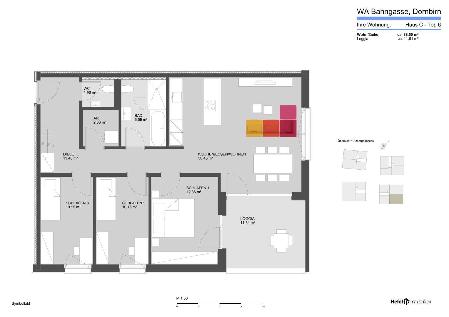 Detaillierter Grundriss der Wohnung mit drei Schlafzimmern und offenem Wohn-Essbereich.