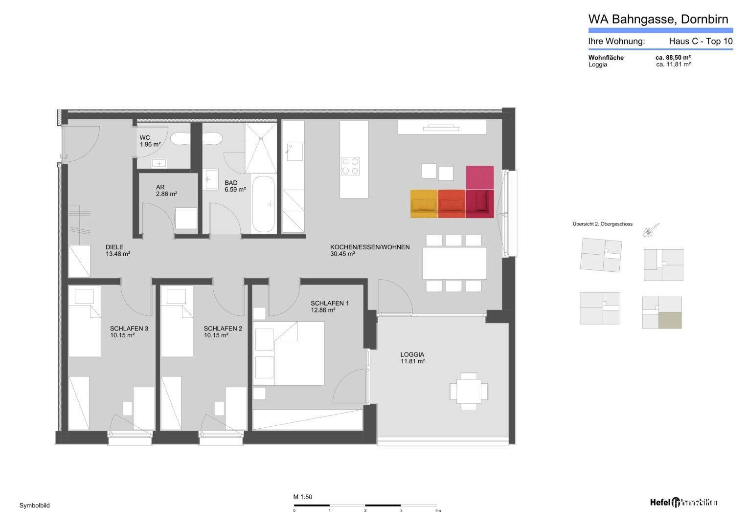 Detaillierter Grundriss einer Wohnung mit drei Schlafzimmern, Loggia und offenem Wohnbereich.