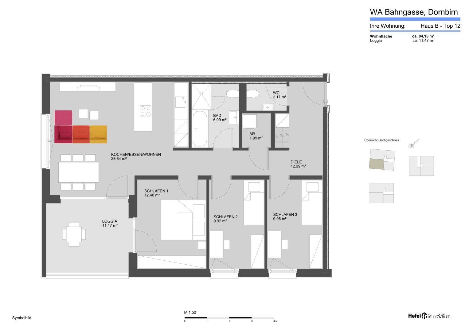 Detaillierter Grundriss der Wohnung Top 12 mit offener Wohnküche und drei Schlafzimmern.