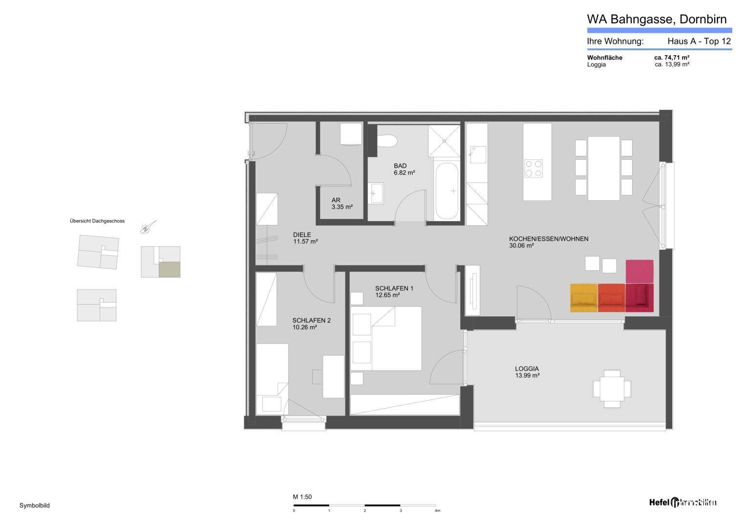 Detaillierter Grundriss einer Wohnung mit zwei Schlafzimmern, Bad und offener Wohnküche.