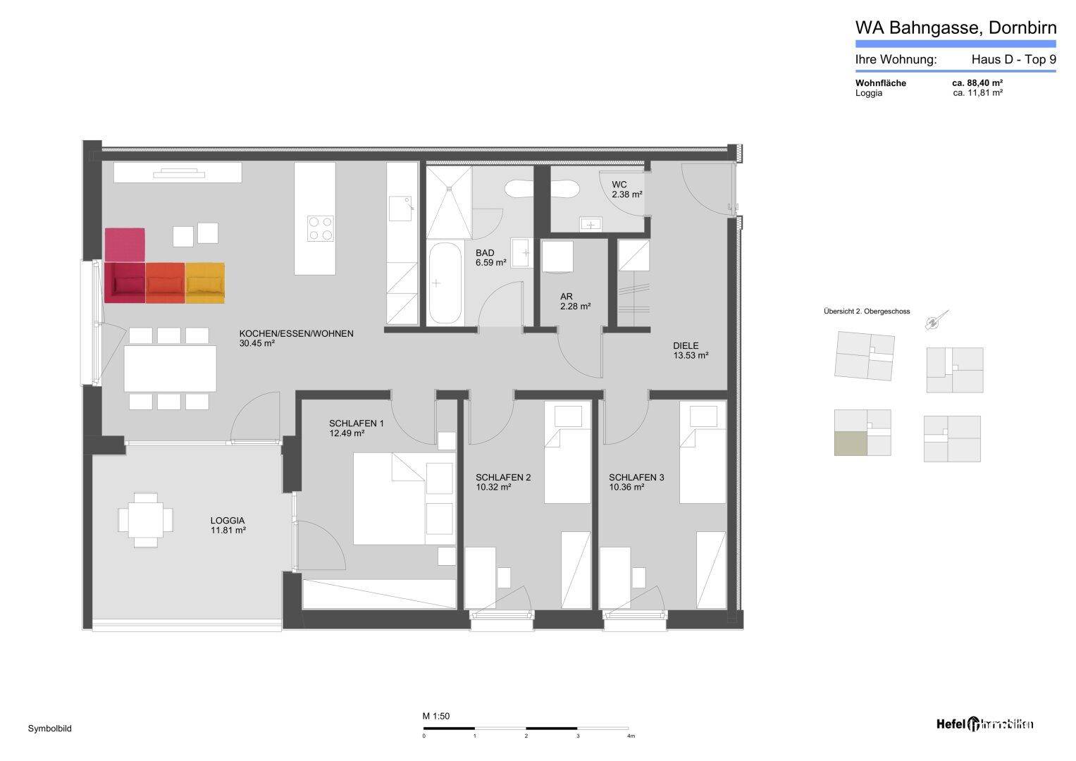 Detaillierter Grundriss der Wohnung mit offenem Wohnbereich, drei Schlafzimmern und Loggia.